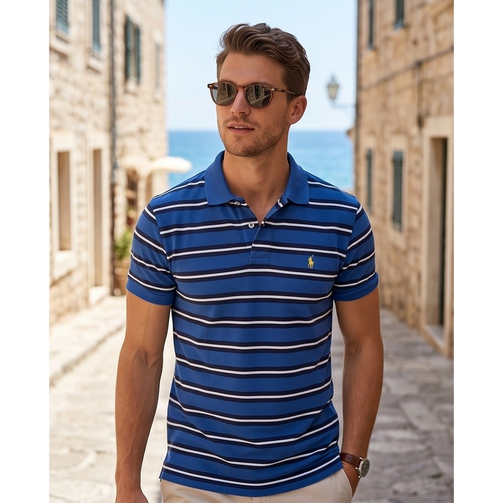 Polo Ralph Lauren M Blue‎ Striped Polo SS Yellow Pony Vtg Classic Fit Casual